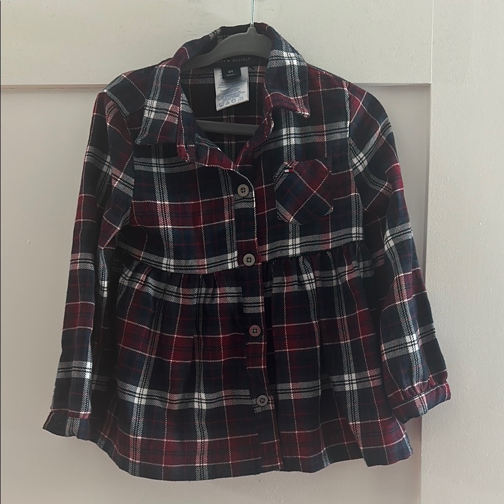 Tommy Hilfiger Red and Blue Button Down Dress with Flared Waist